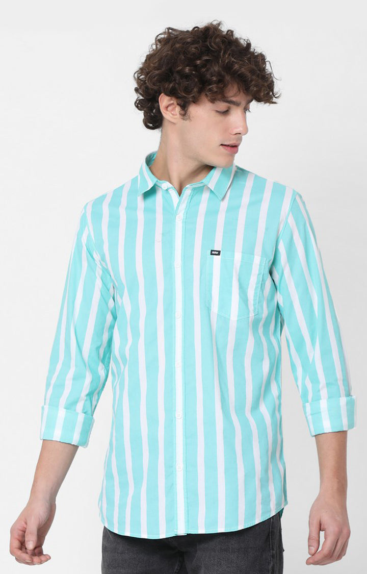 Spykar Slim Fit Green Full Sleeve Striped Shirts For Mens