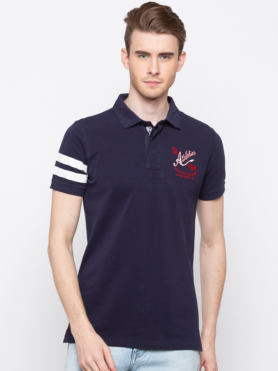 Spykar Men Blue Cotton Slim Fit Polo T-Shirt