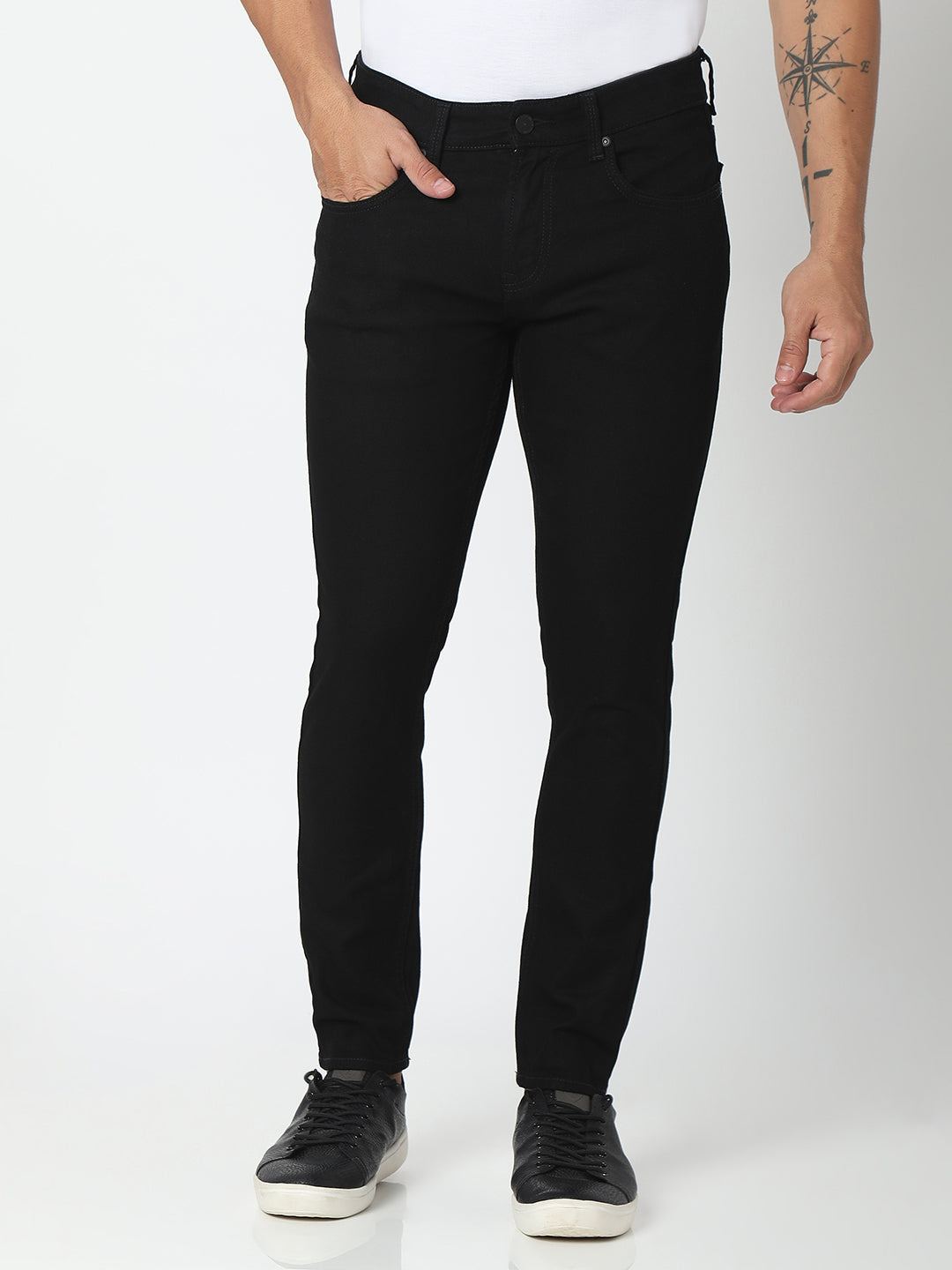 Spykar Black Cotton Slim Fit Tapered Length Jeans For Men (Kano)