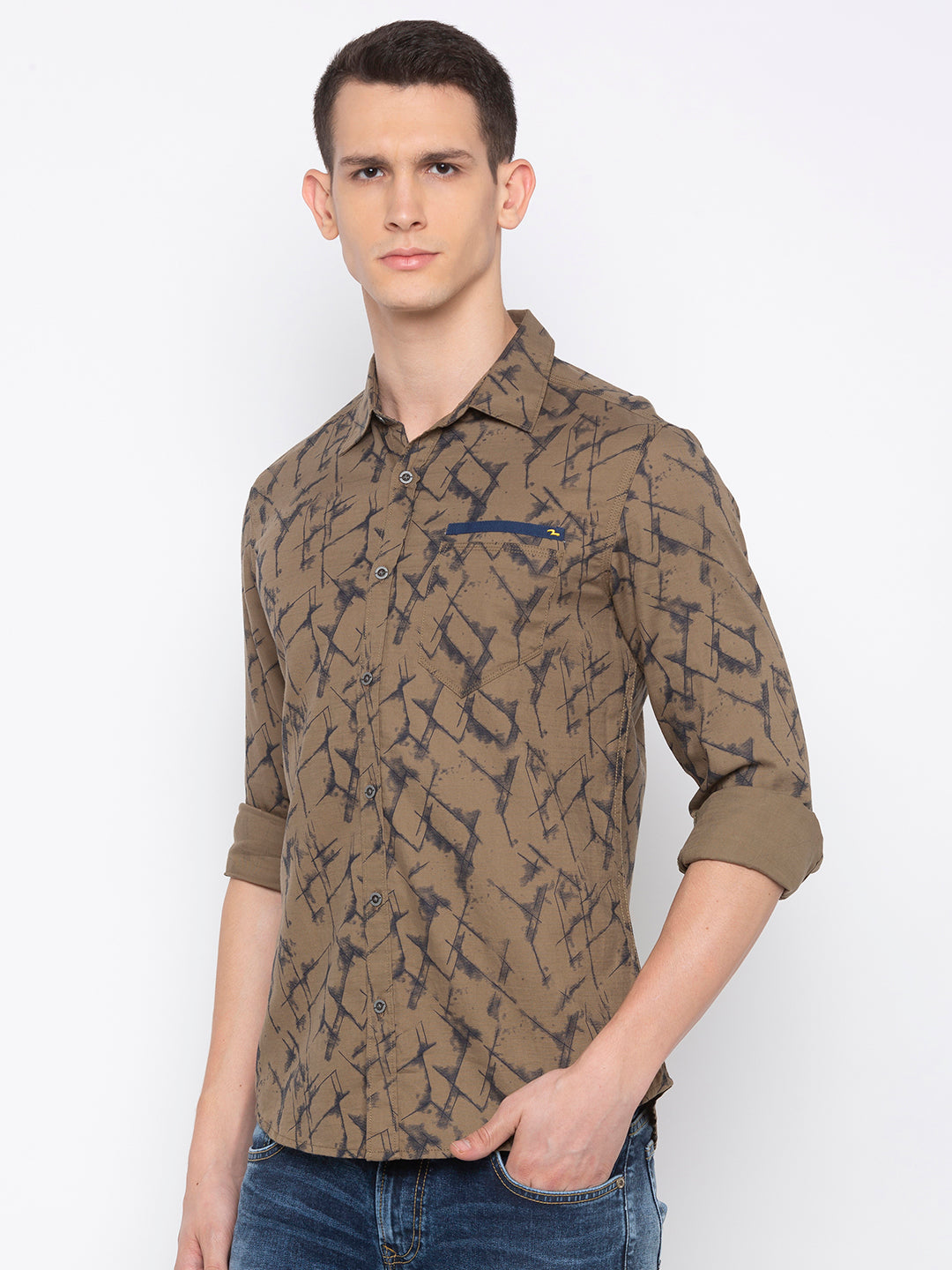 Spykar Men Olive Cotton Slim Fit Shirt