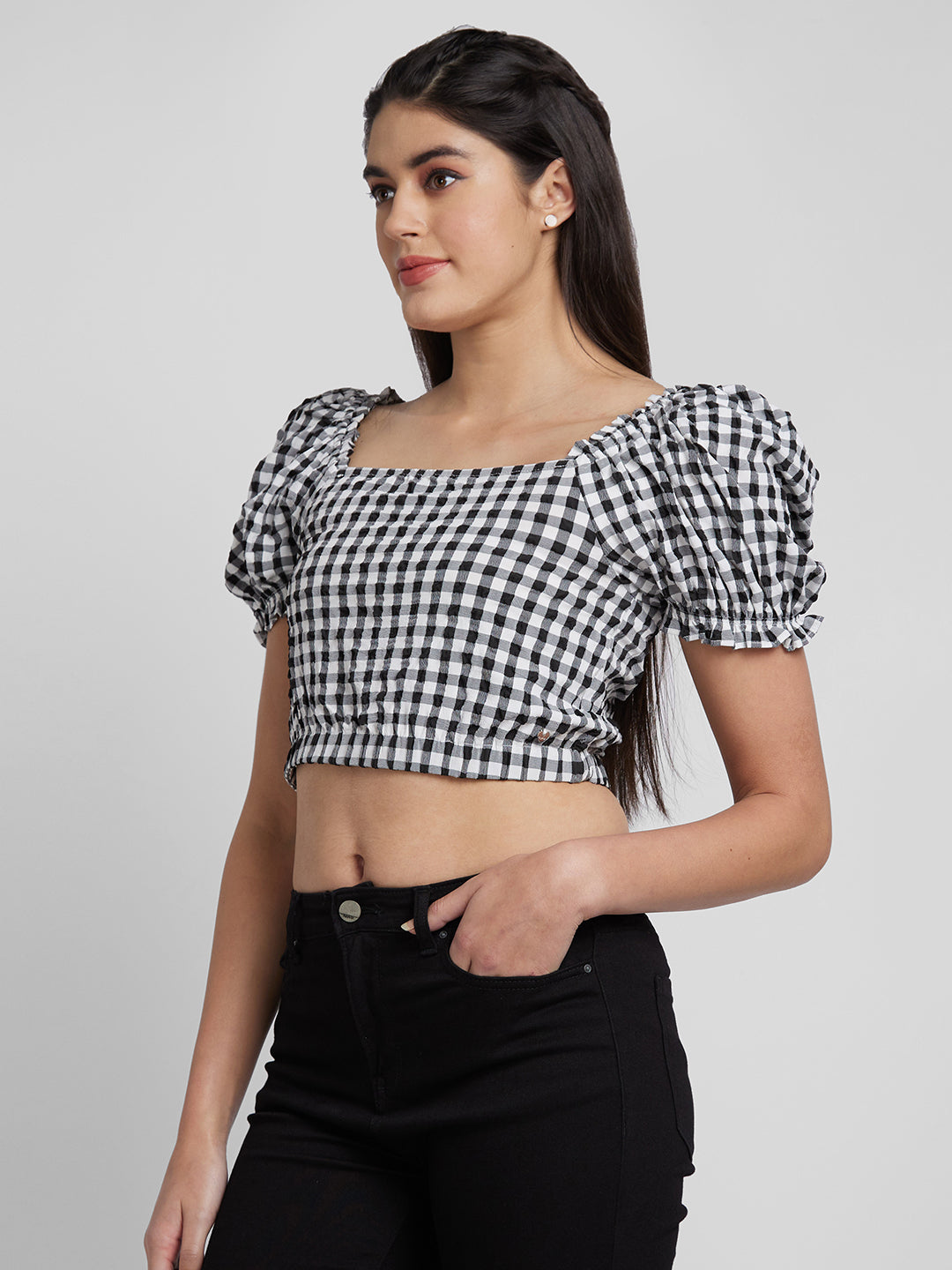 Spykar Women Black Lycra Slim Fit Checkred Crop Top