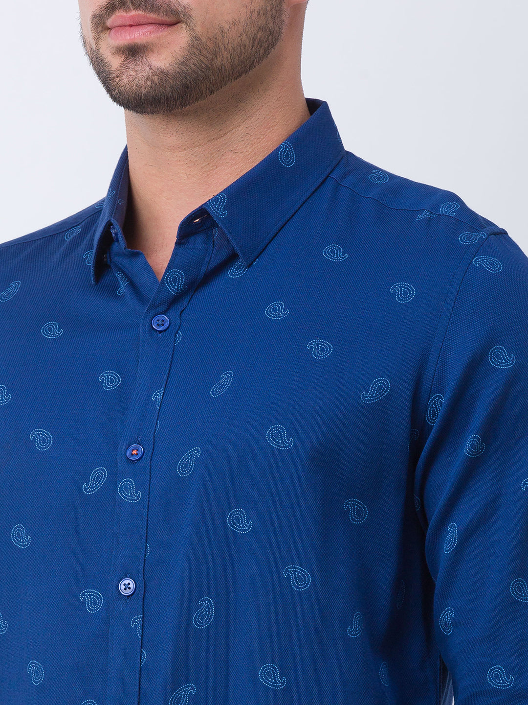 Spykar Indigo Blue Cotton Full Sleeve Printed Shirt For Men