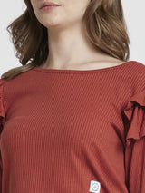 Spykar Women Terracotta Blended Regular Fit Full Sleeve Round Neck Plain Crop Tshirt