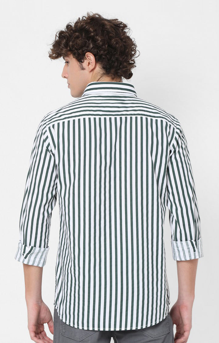 Spykar Slim Fit Green Striped Full Sleeve Shirts For Men