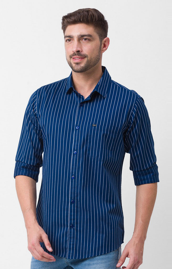 Spykar Ink Blue Cotton Full Sleeve Stripes Shirt For Men