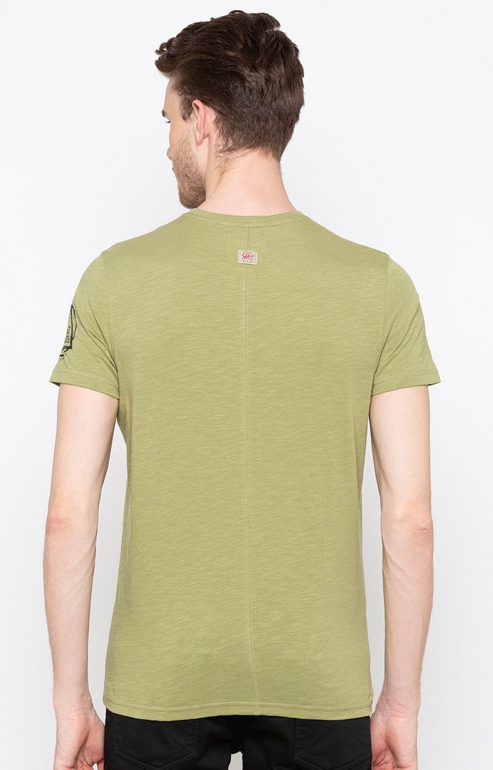 Spykar Light Olive Printed Slim Fit Men T-Shirts