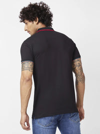 Spykar Men Black Blended Slim Fit Half Sleeve Polo Neck Plain Tshirt