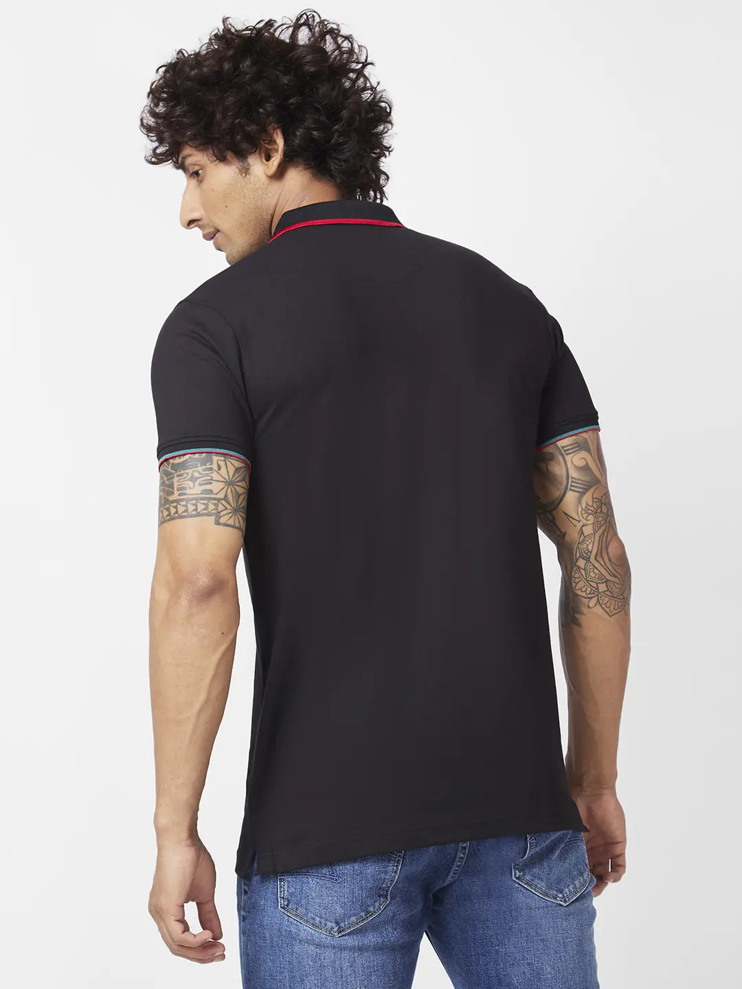 Spykar Men Black Blended Slim Fit Half Sleeve Polo Neck Plain Tshirt