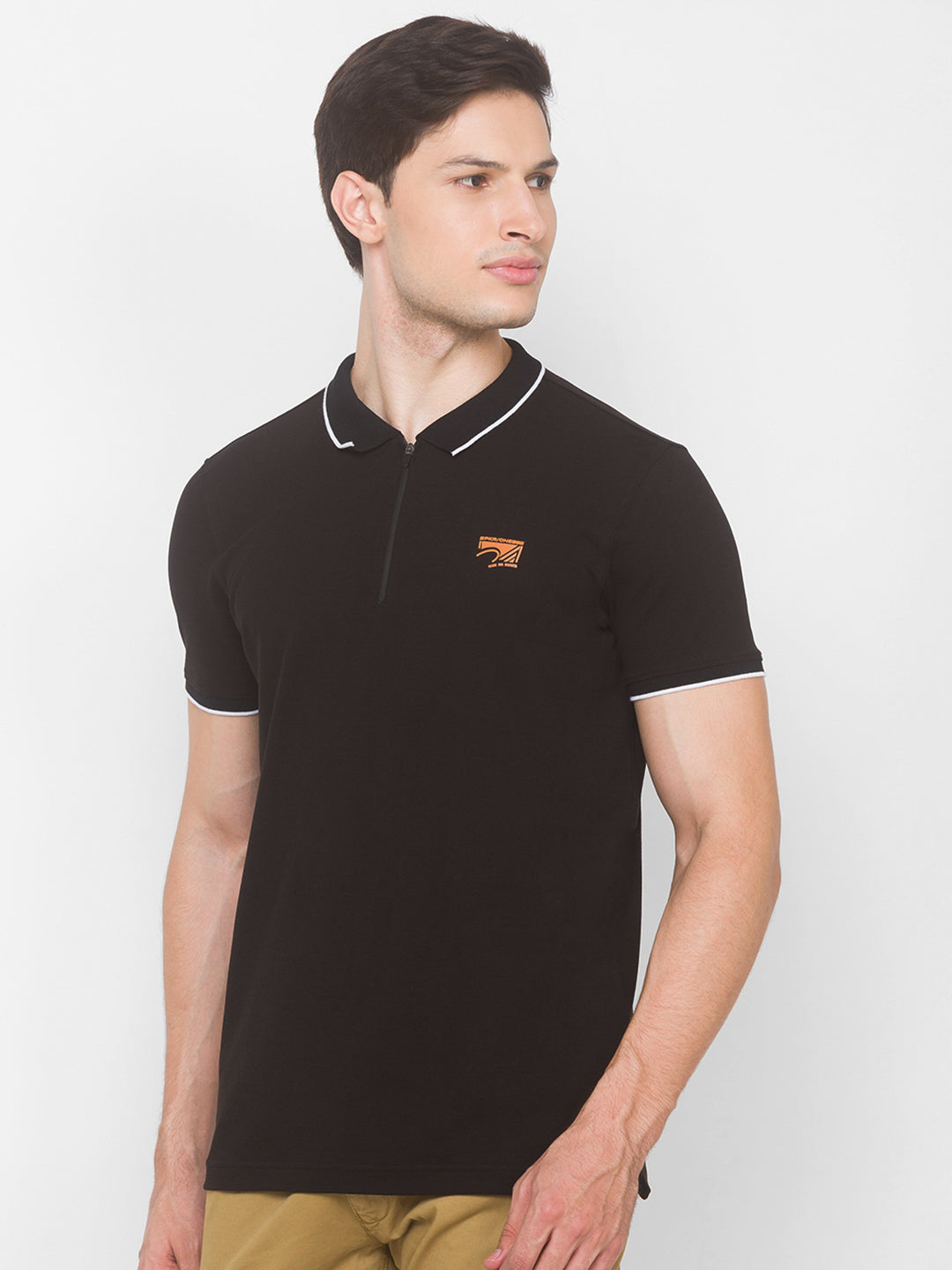 Spykar Men Black Cotton Slim Fit Polo T-Shirt