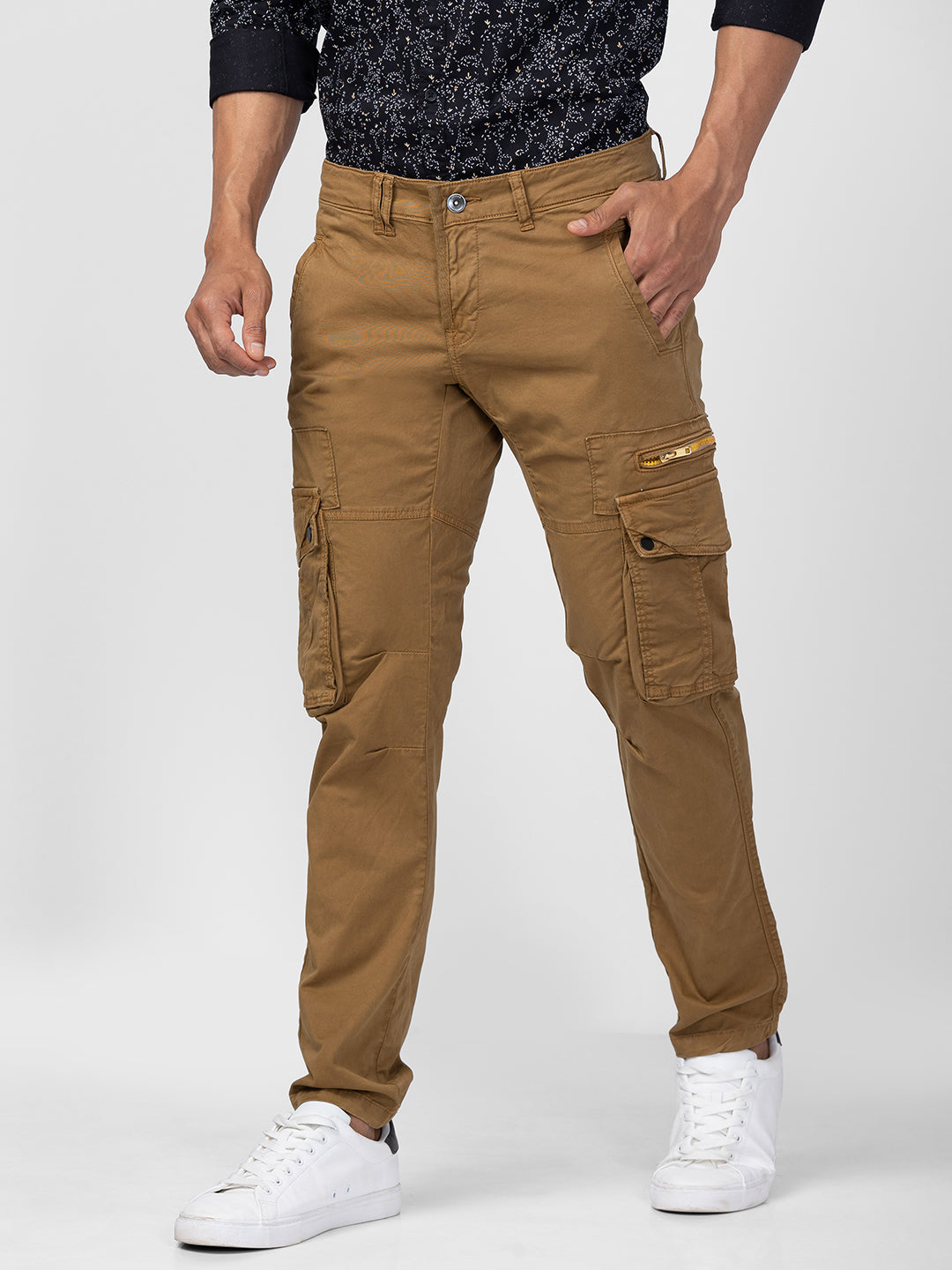 Spykar Men Khaki Cotton Slim Fit Regular Length Trouser Cargo Pants