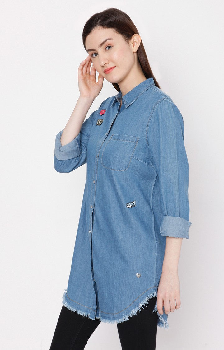 Spykar Blue Cotton Regular Fit Shirts For Women