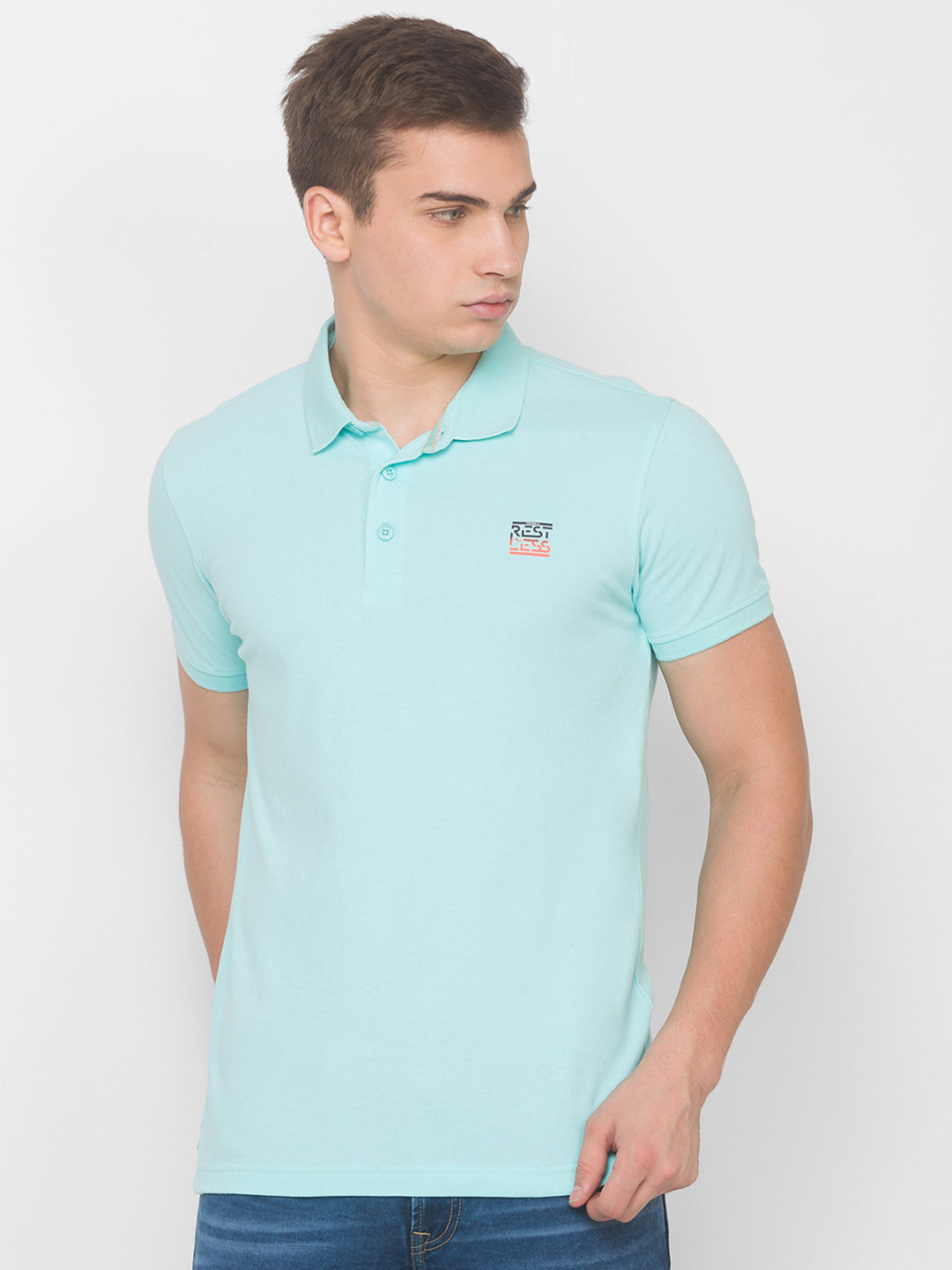 Spykar Men Blue Cotton Slim Fit Polo T-Shirt