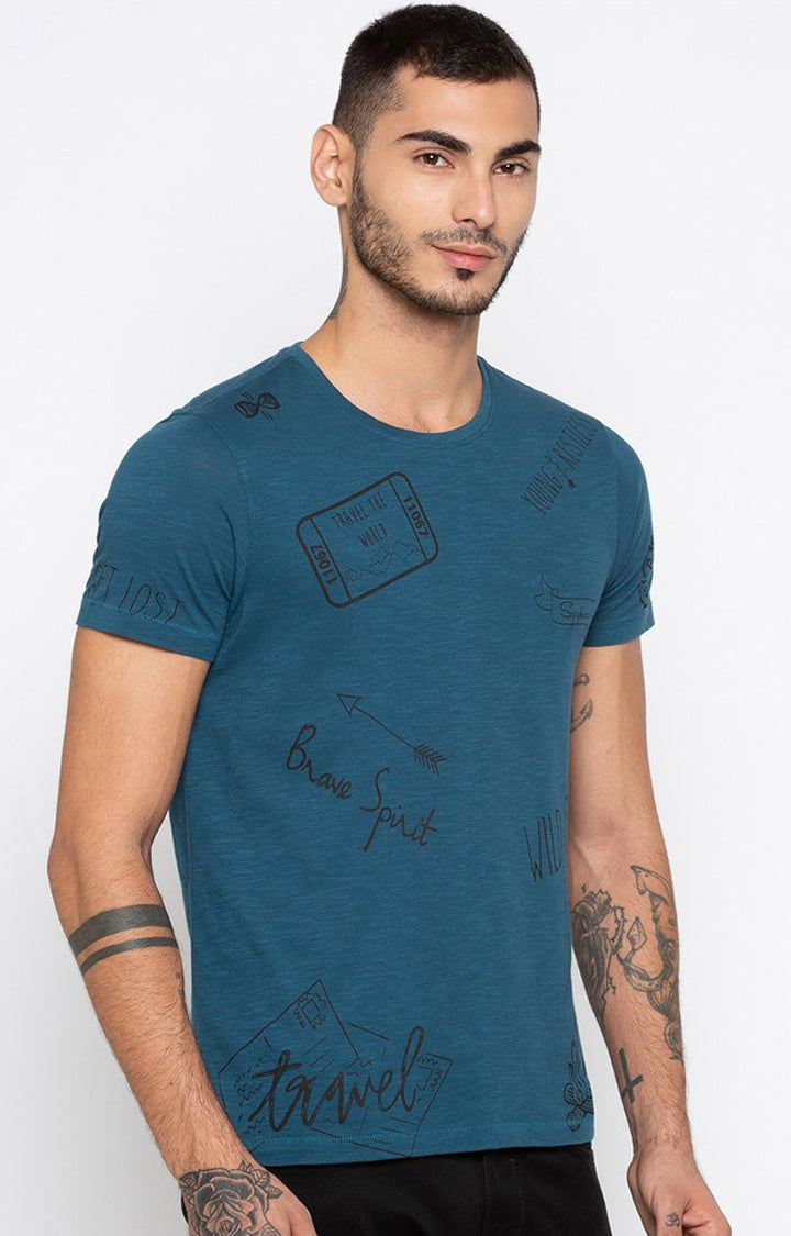 Spykar Blue Cotton Slim Fit T-Shirt For Men