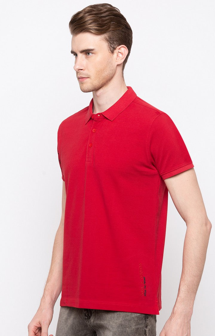 Spykar Red Solid Slim Fit Polo T-Shirt