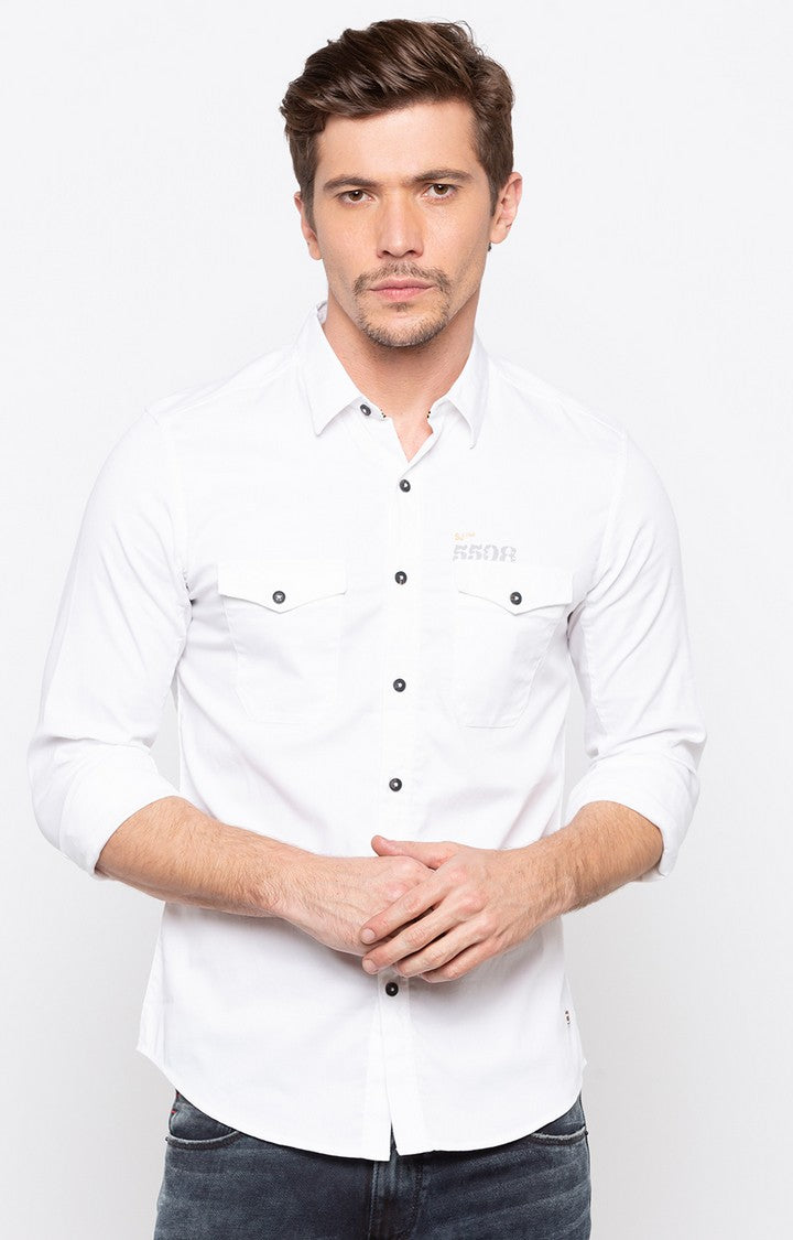 Spykar Men'S White Cotton Solid Casual Shirts