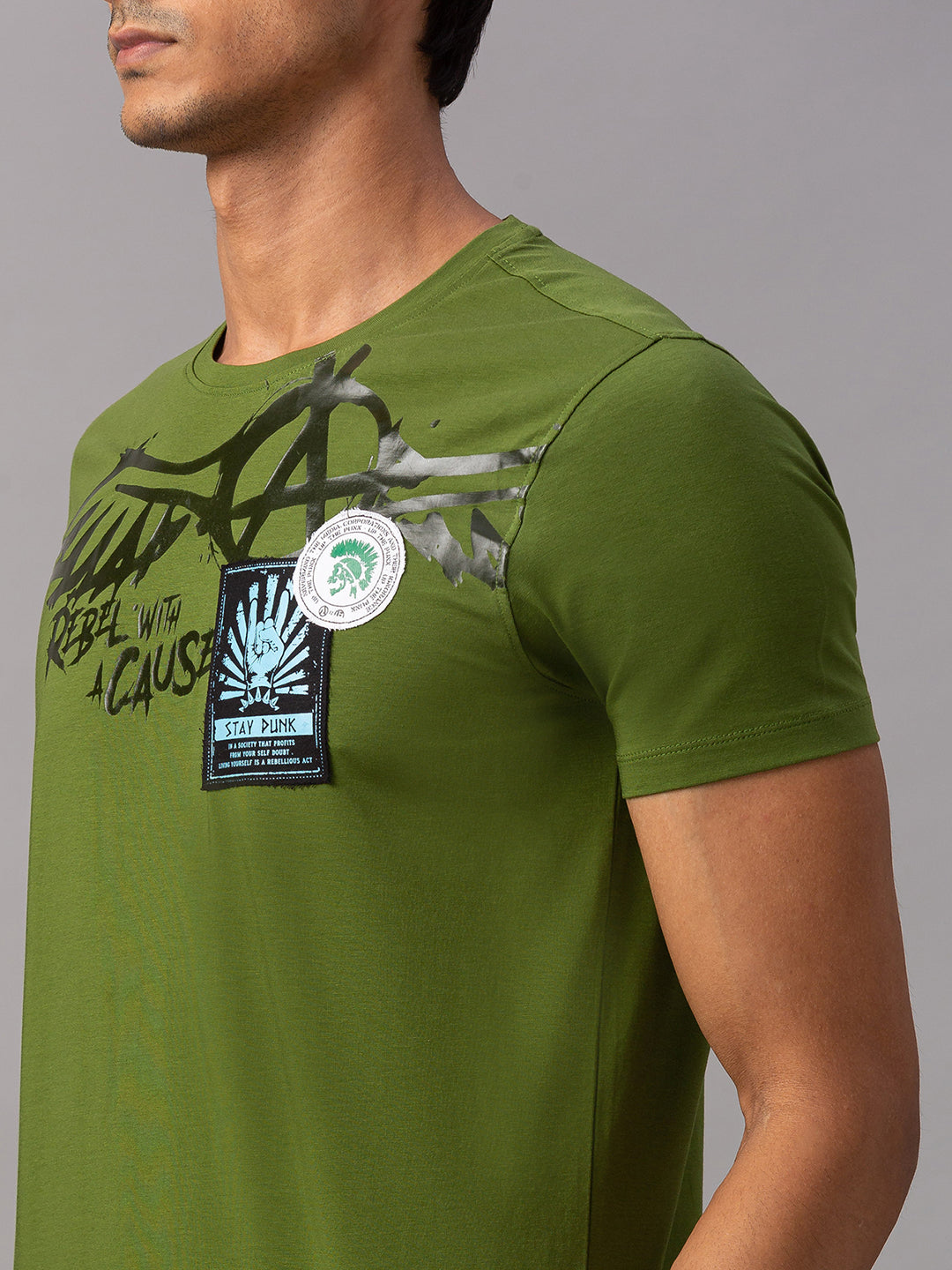 Spykar Men Green Cotton Slim Fit Round Neck T-Shirt