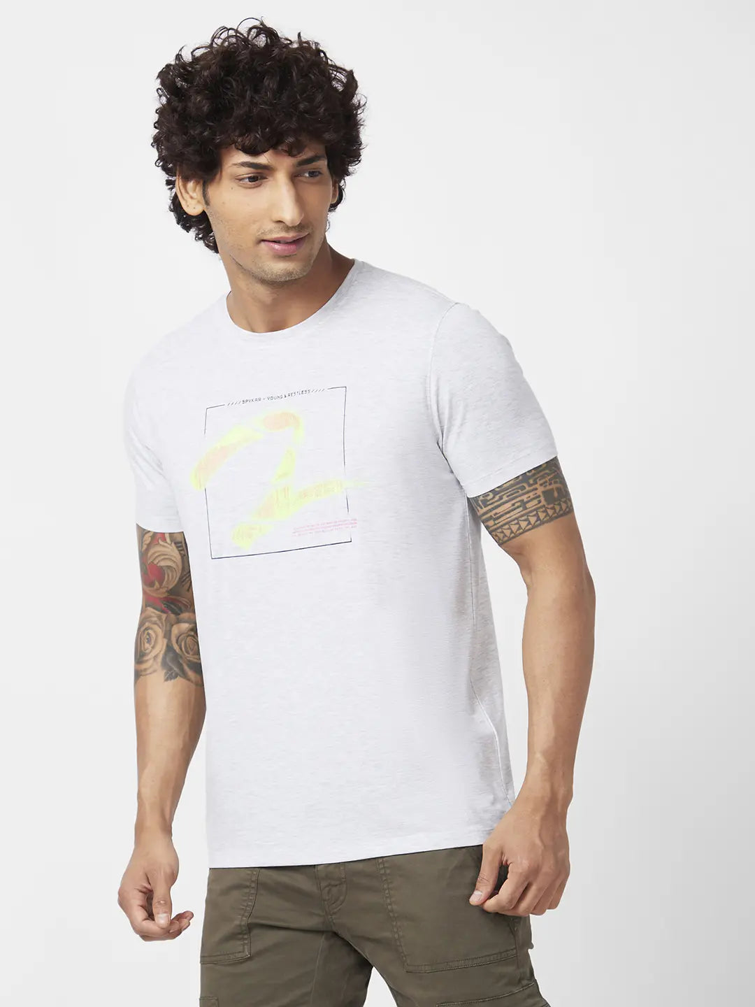 Spykar Men Ash Melange Blended Slim Fit Half Sleeve Round Neck Printed Tshirt