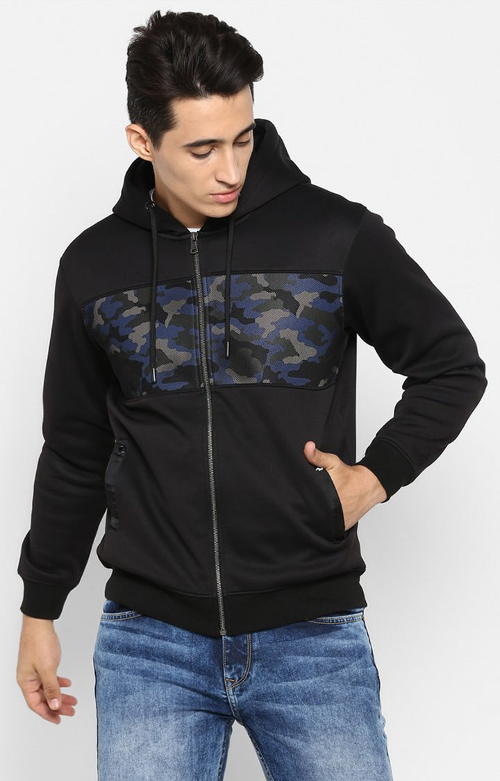 Spykar Men Black Cotton Printed Full Sleeve Hooded Sweatshirt