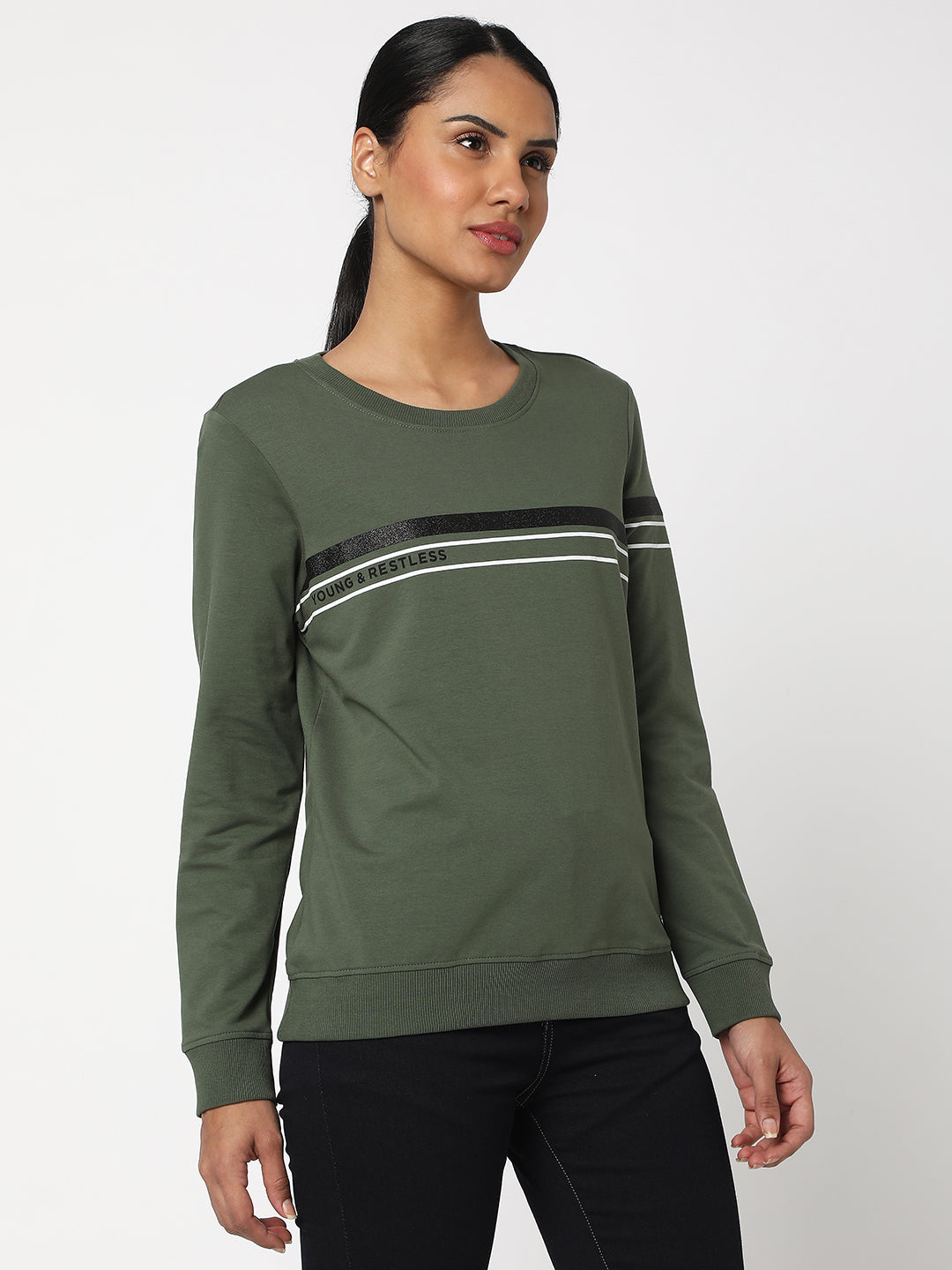 Spykar Olive Green Cotton Blend Full Sleeve Round Neck Sweatshirts For Women