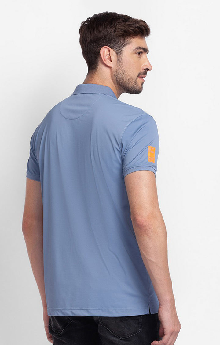 Spykar Dark Smoke Blue Cotton Half Sleeve Printed Casual Polo T-Shirt For Men