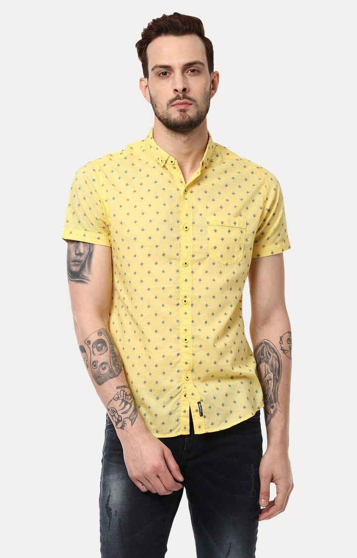 Spykar Men'S Yellow Cotton Printed Casual Shirts