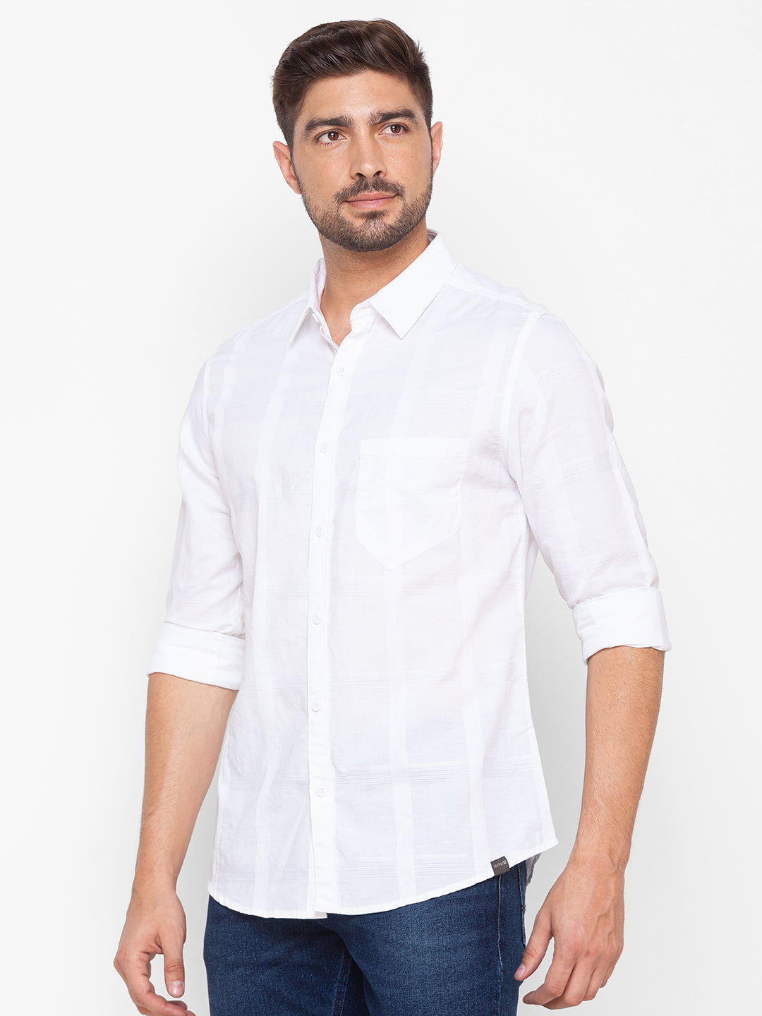 Spykar White Cotton Full Sleeve Plain Shirt For Men