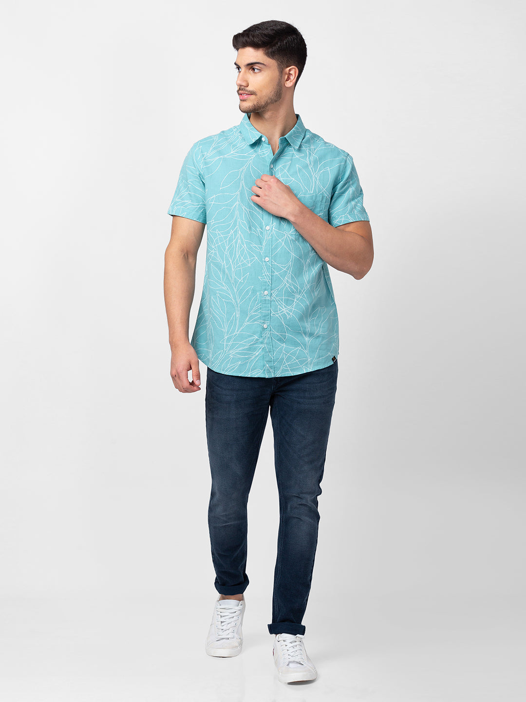 Spykar Men Cool Blue Cotton Slim Fit Printed Shirt