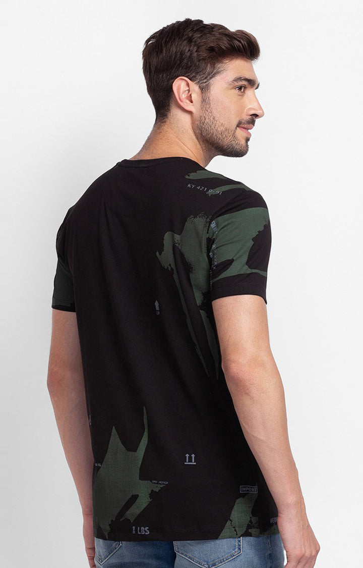 Spykar Black Cotton Half Sleeve Printed Casual T-Shirt For Men