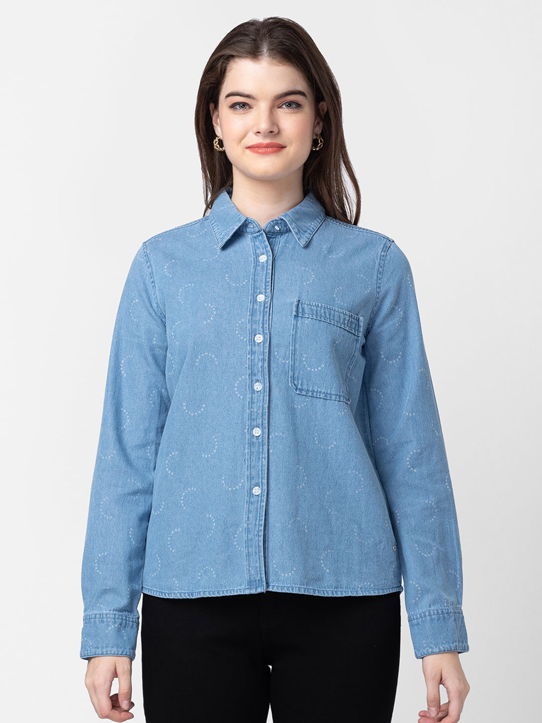 Spykar Women Light Blue Cotton Slim Fit Denim Shirts