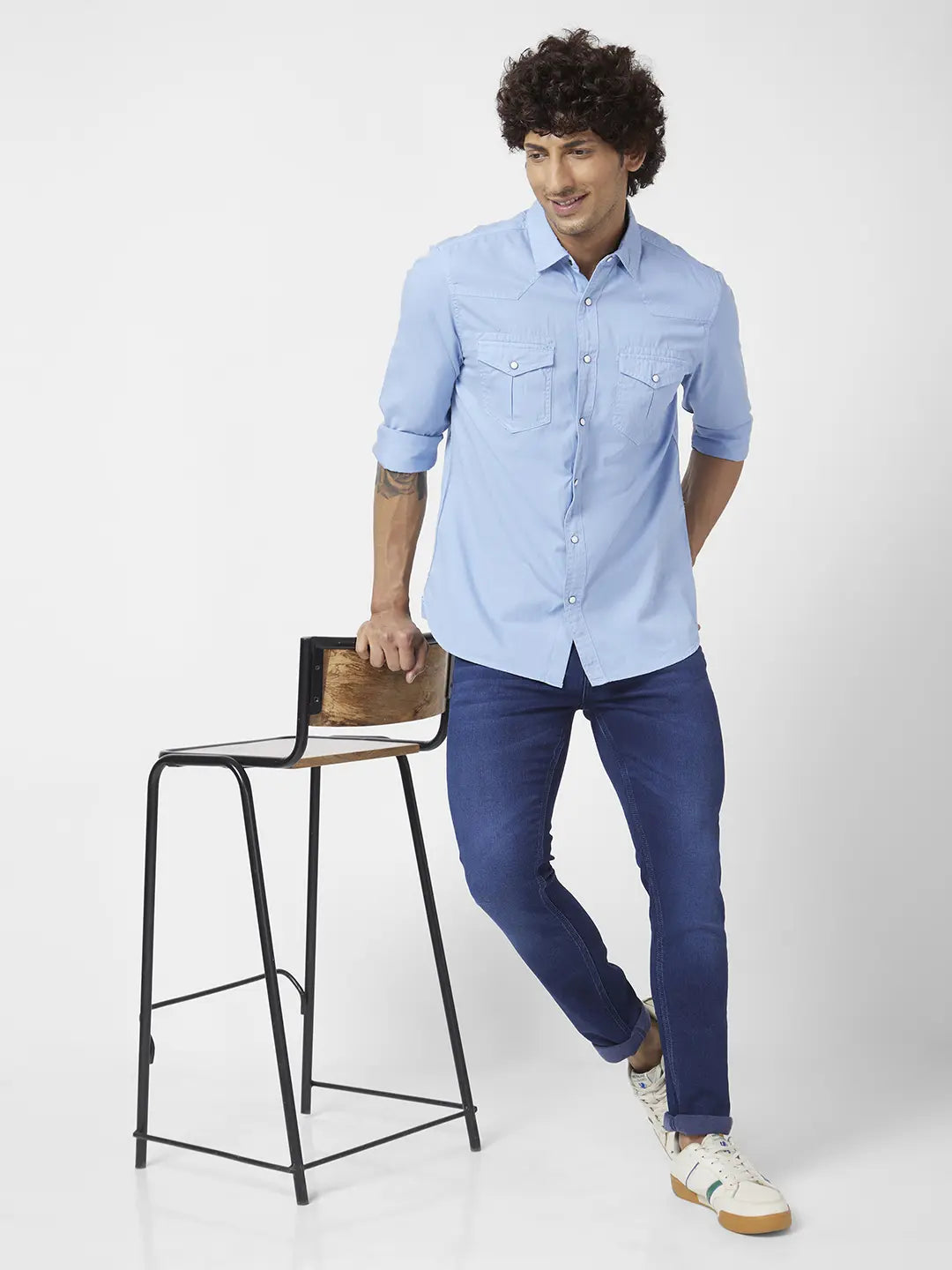 Shop Men Blue Cotton Slim Fit Full Sleeve Striped Shirt - Spykar