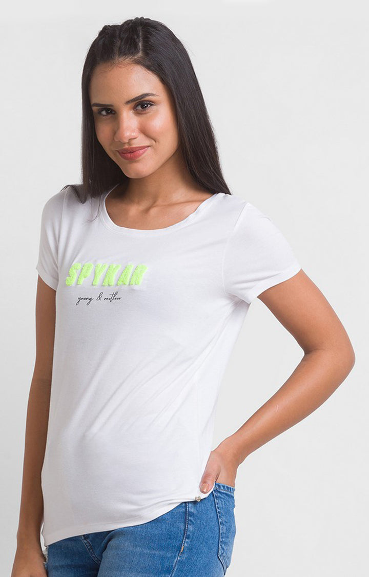 Spykar White Cotton Blend Half Sleeve Printed Casual T-Shirts For Women