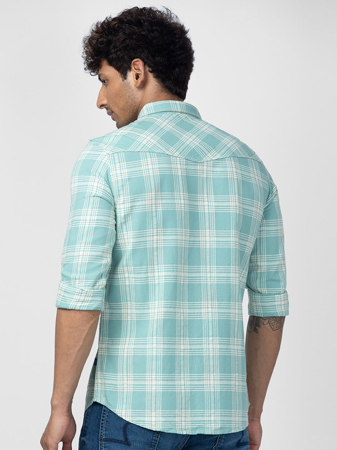 Spykar Men Sage Green Cotton Slim Fit Checkered Shirt