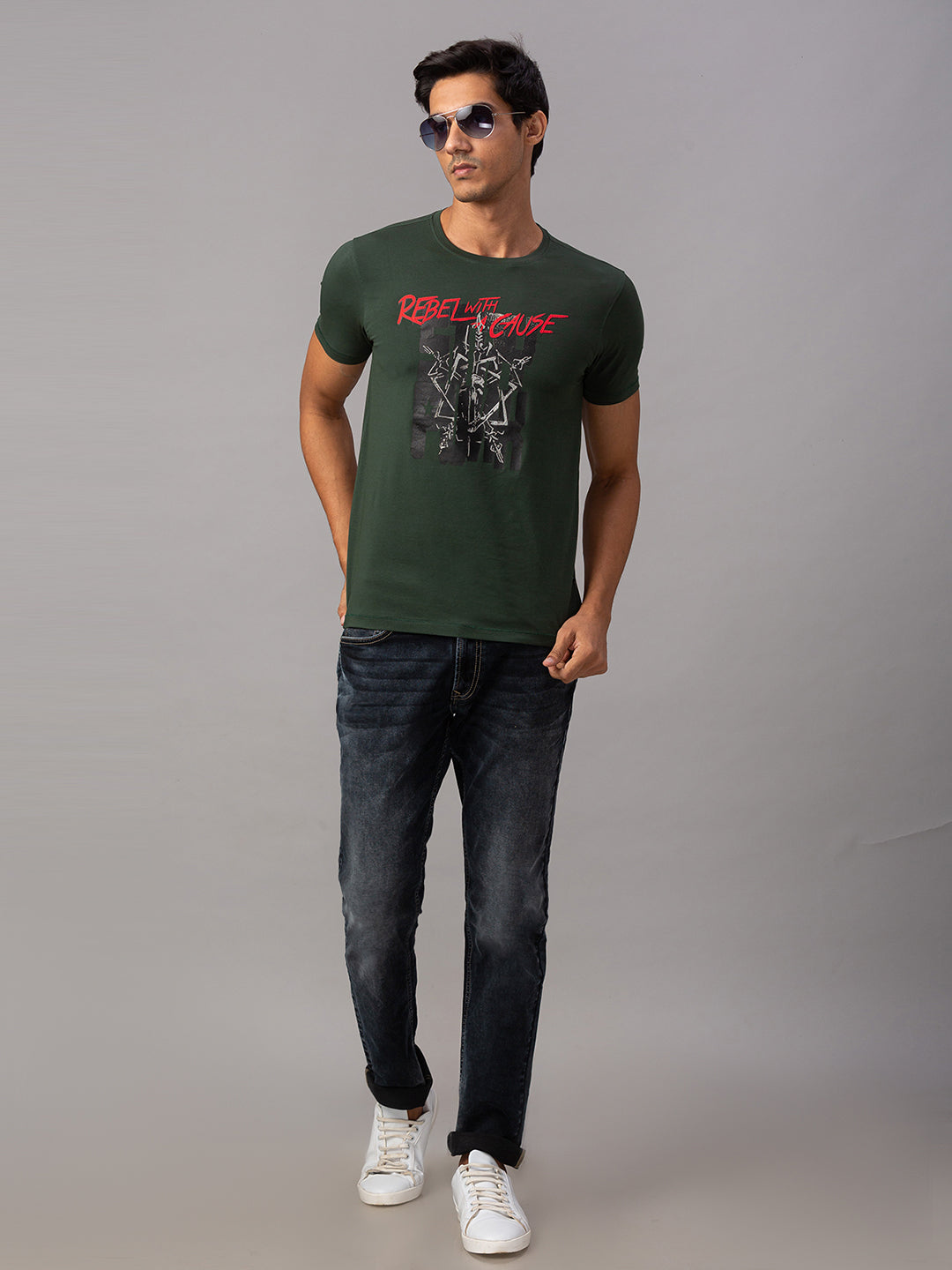 Spykar Men Green Cotton Slim Fit Round Neck T-Shirt