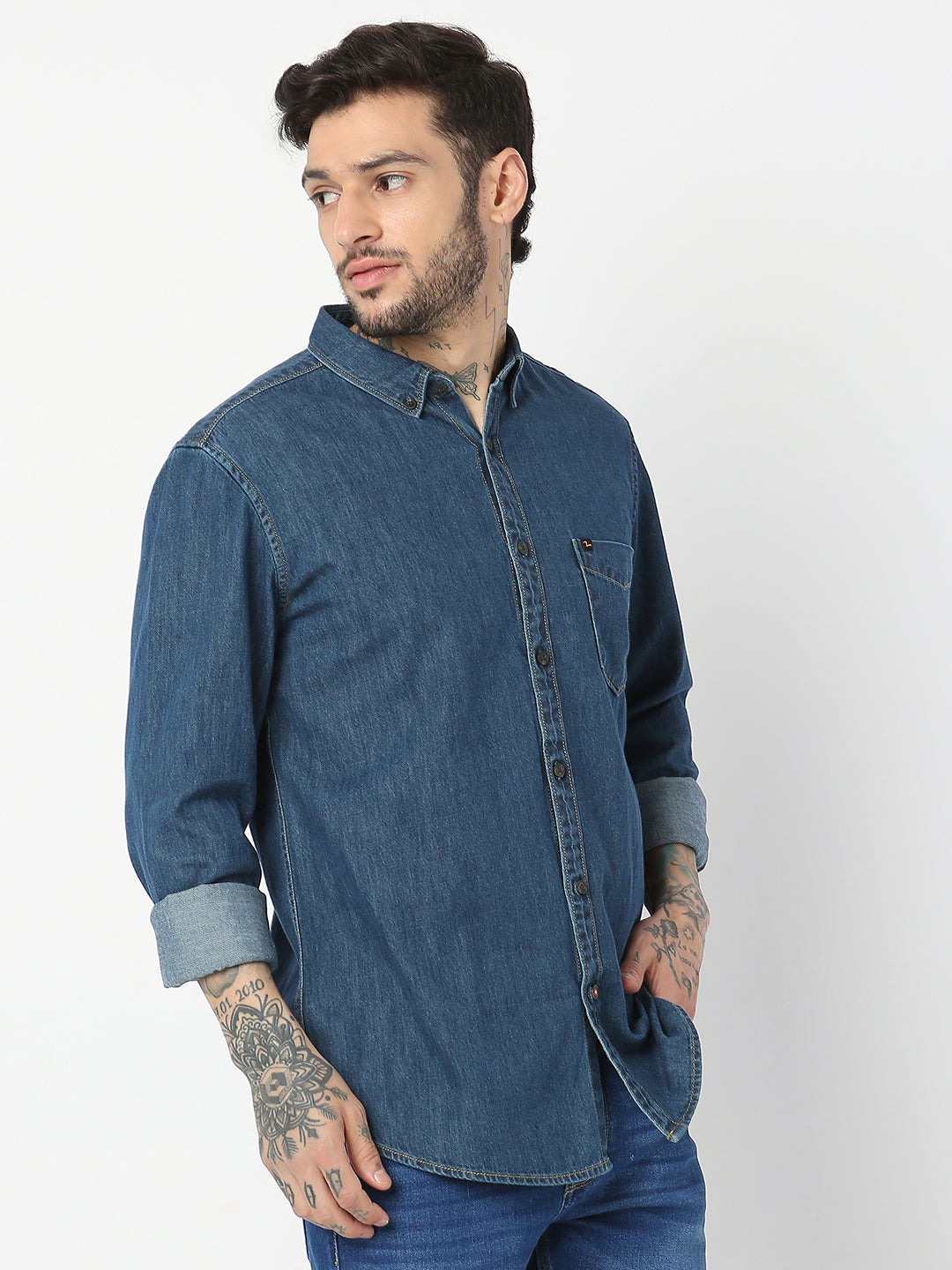 Spykar Men Dark Blue Cotton Slim Fit Denim Shirts