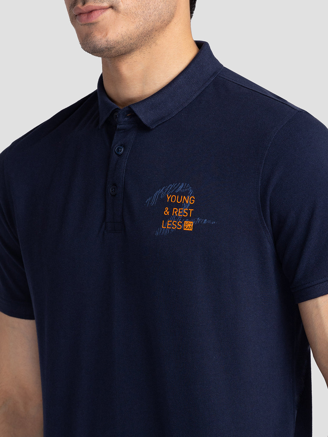 Spykar Men Navy Blue Cotton Slim Fit Polo Plain T-Shirt