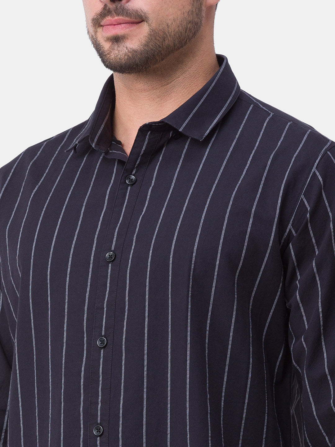 Spykar Black Cotton Full Sleeve Stripes Shirt For Men