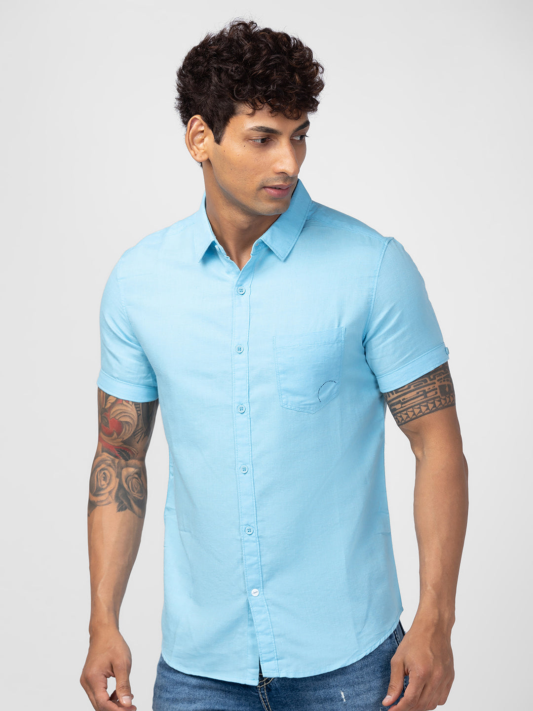 Spykar Men Bleached Aqua Cotton Slim Fit Plain Shirt