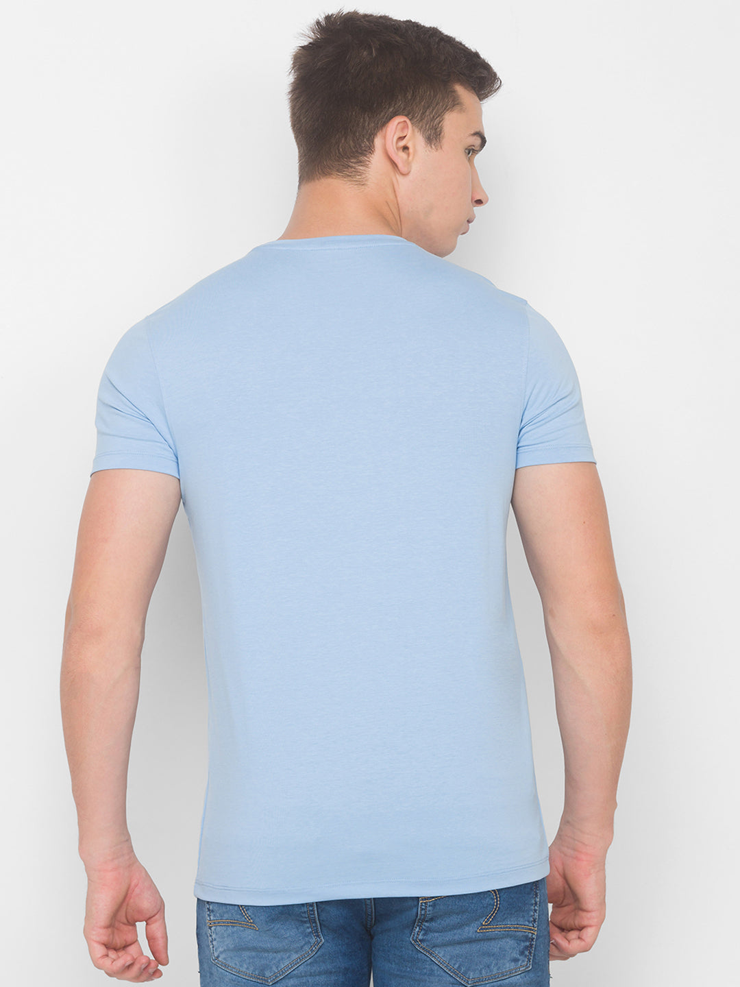 Spykar Men Blue Cotton Blend Slim Fit Round Neck T-Shirt