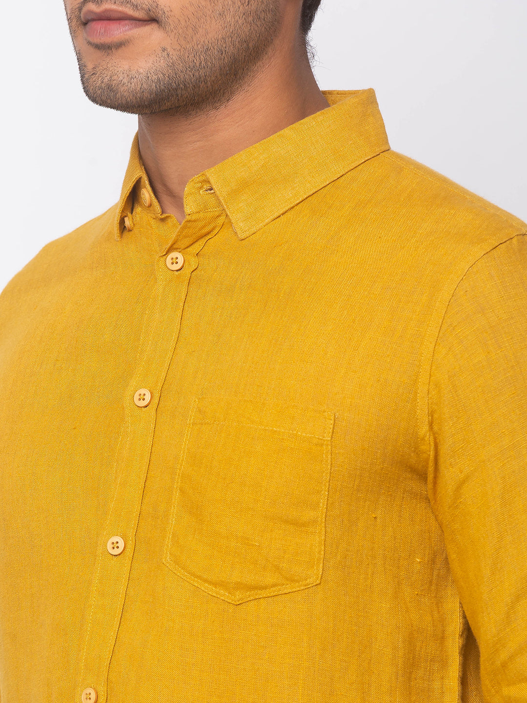 Spykar Men Mustard Yellow Linen Slim Fit Shirt