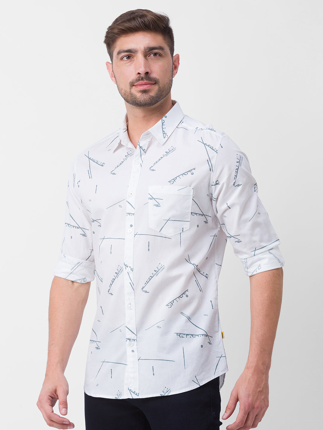 Spykar White Cotton Full Sleeve Printed Shirt For Men