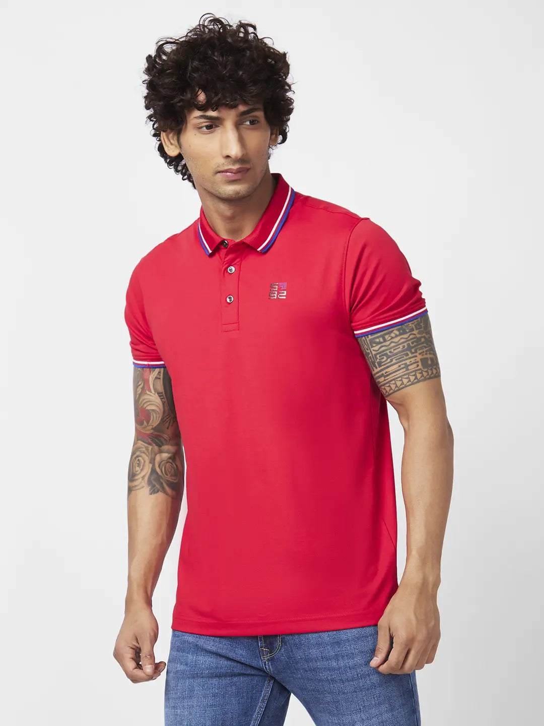 Spykar Men Deep Red Blended Slim Fit Half Sleeve Polo Neck Plain Tshirt