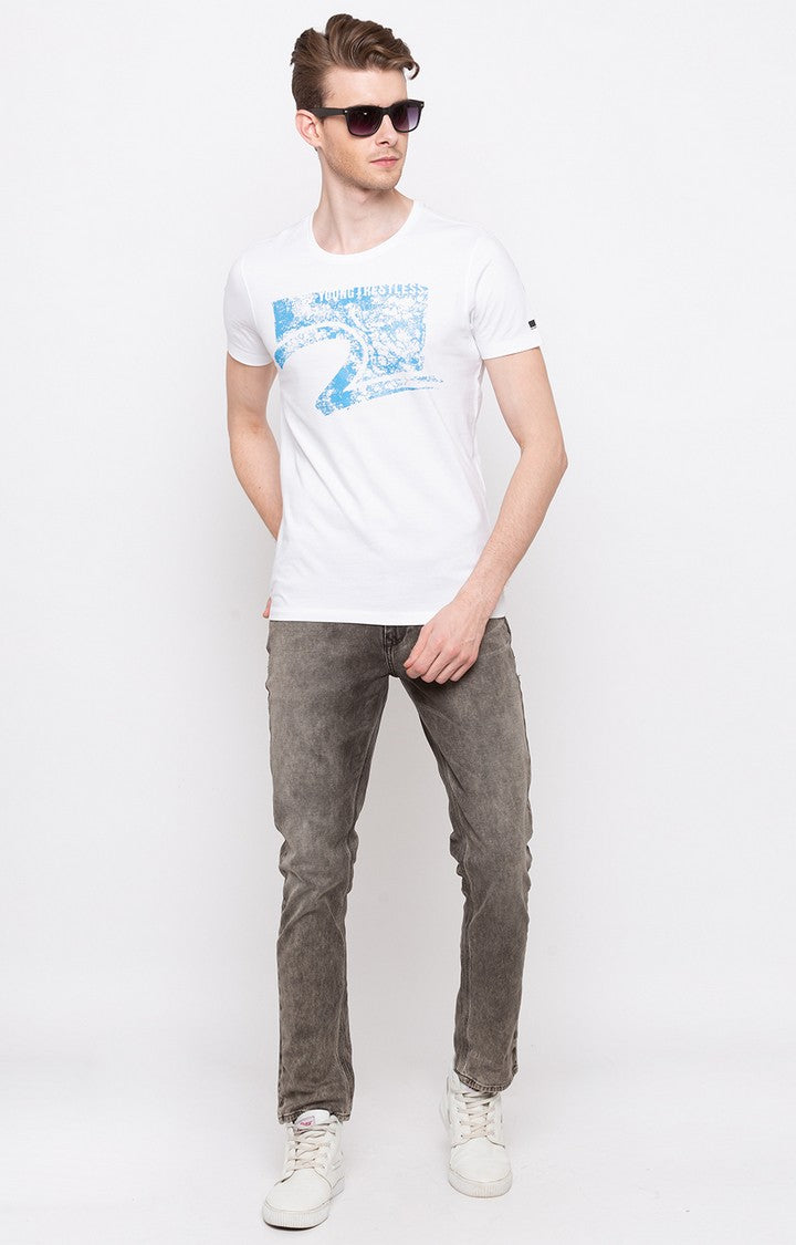 Spykar White Printed Slim Fit Men T-Shirts