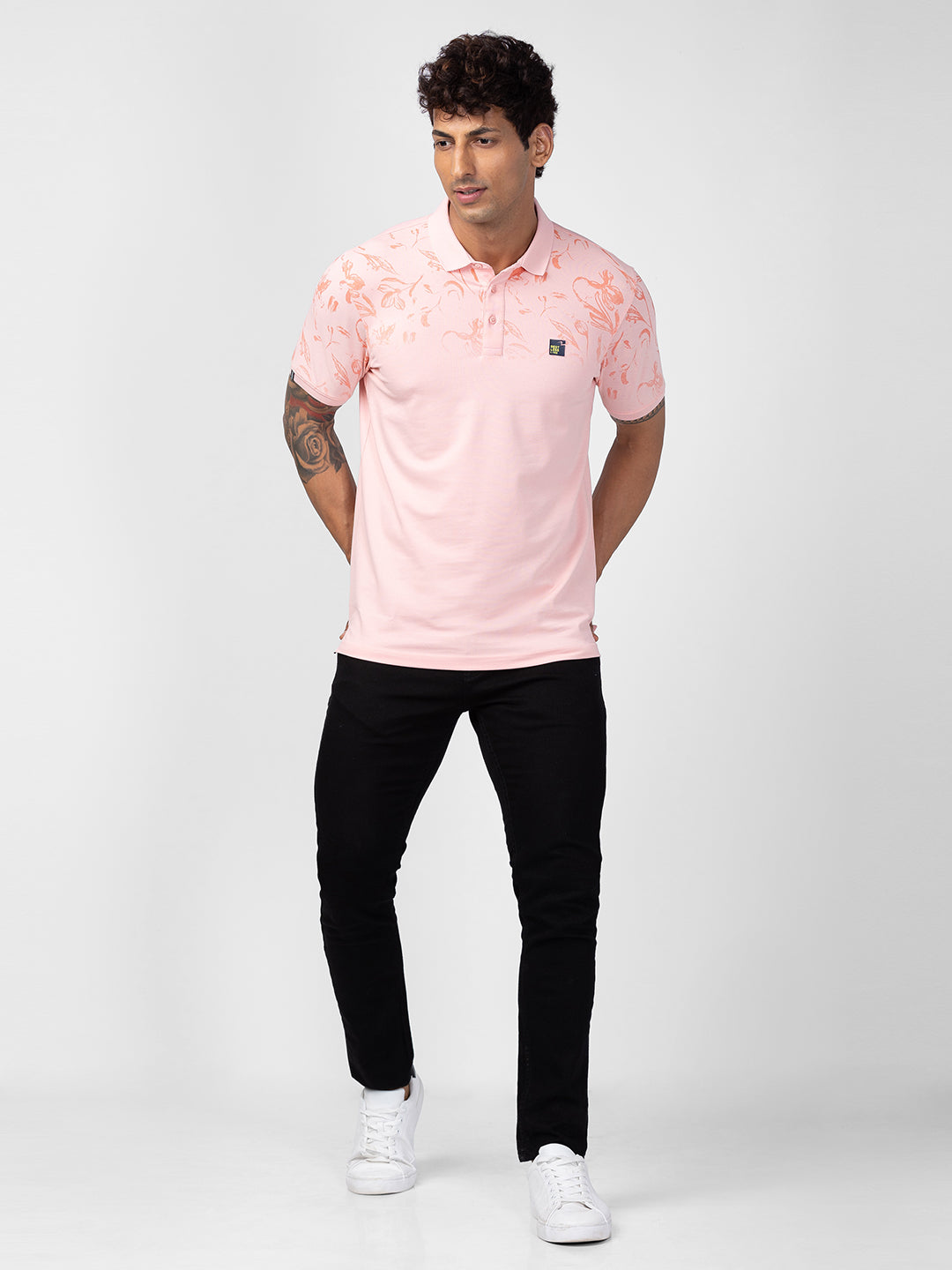 Spykar Men Peach Cotton Regular Fit Half Sleeve Printed Polo T-Shirt