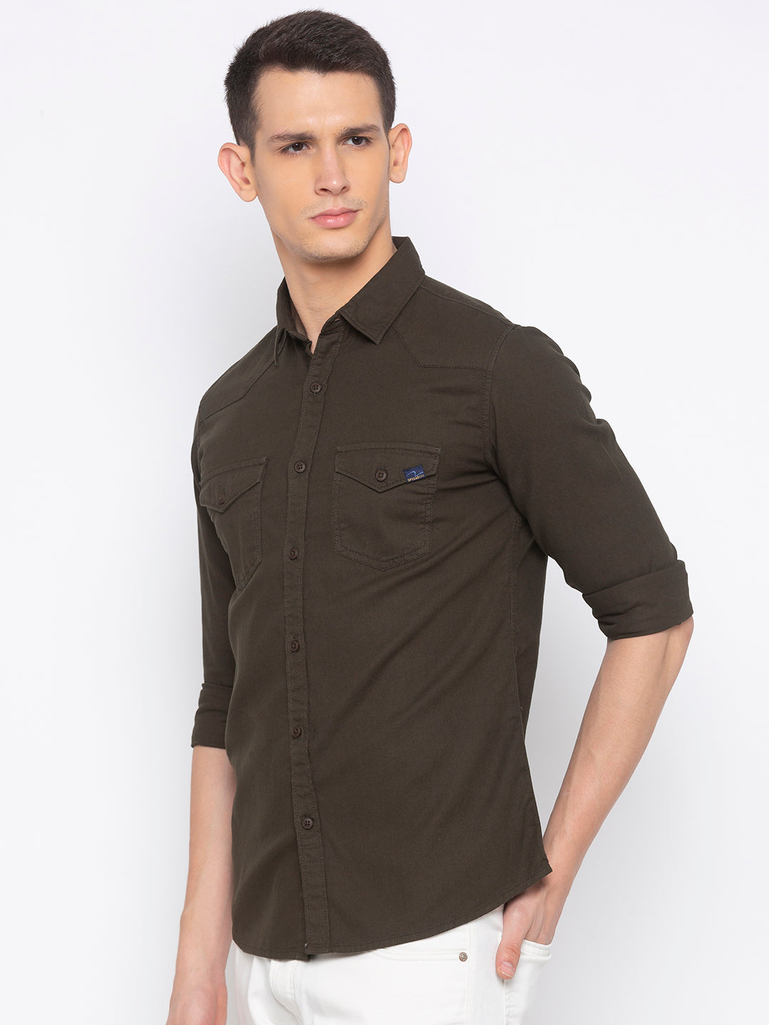 Spykar Slim Fit Men Bottle Green Solid Casual Shirt