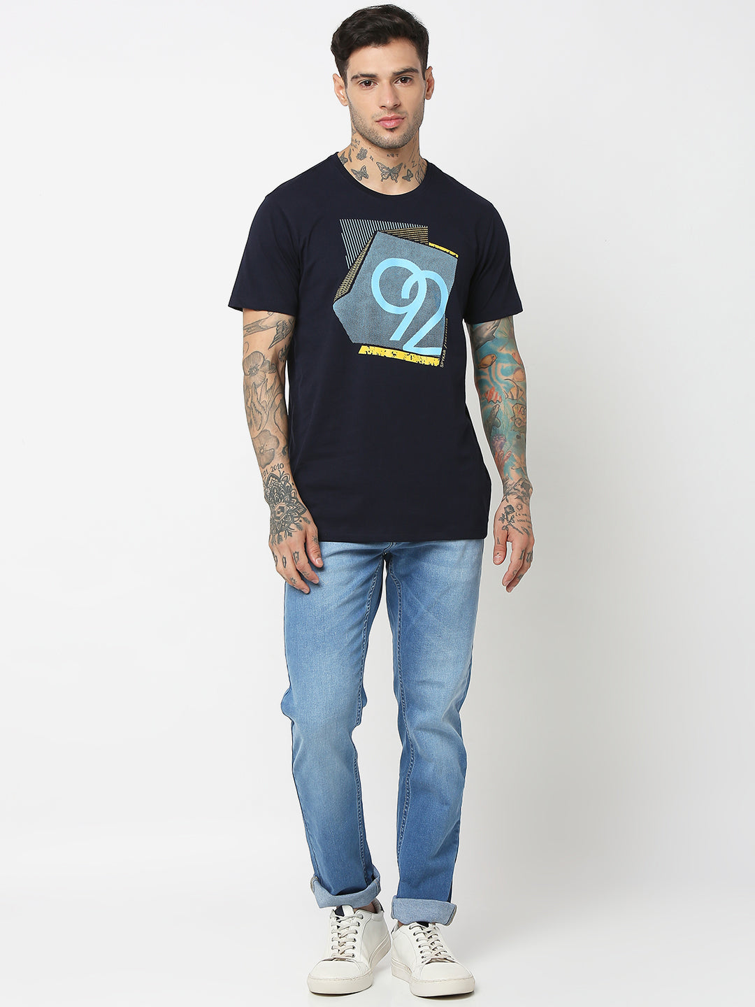 Spykar Men Blue Cotton Slim Fit Round Neck Printed T-Shirt