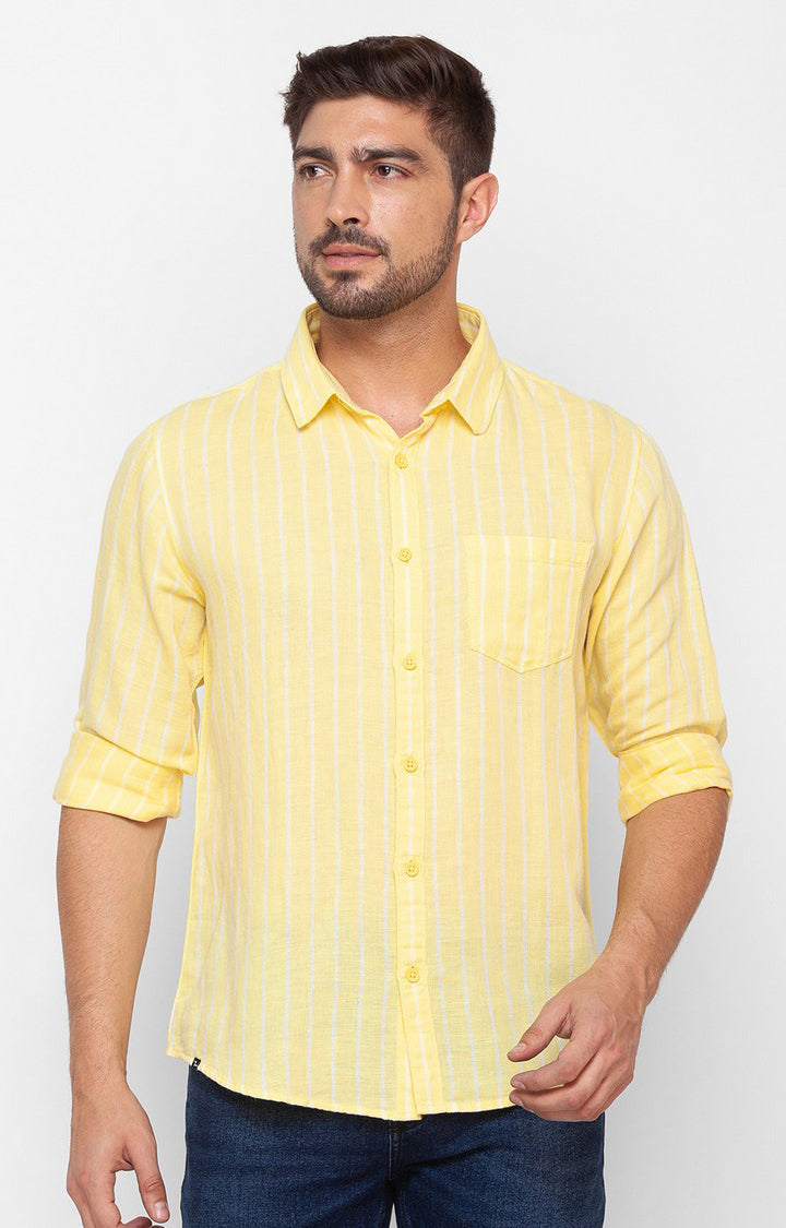 Spykar Butter Yellow Cotton Full Sleeve Stripes Shirt For Men