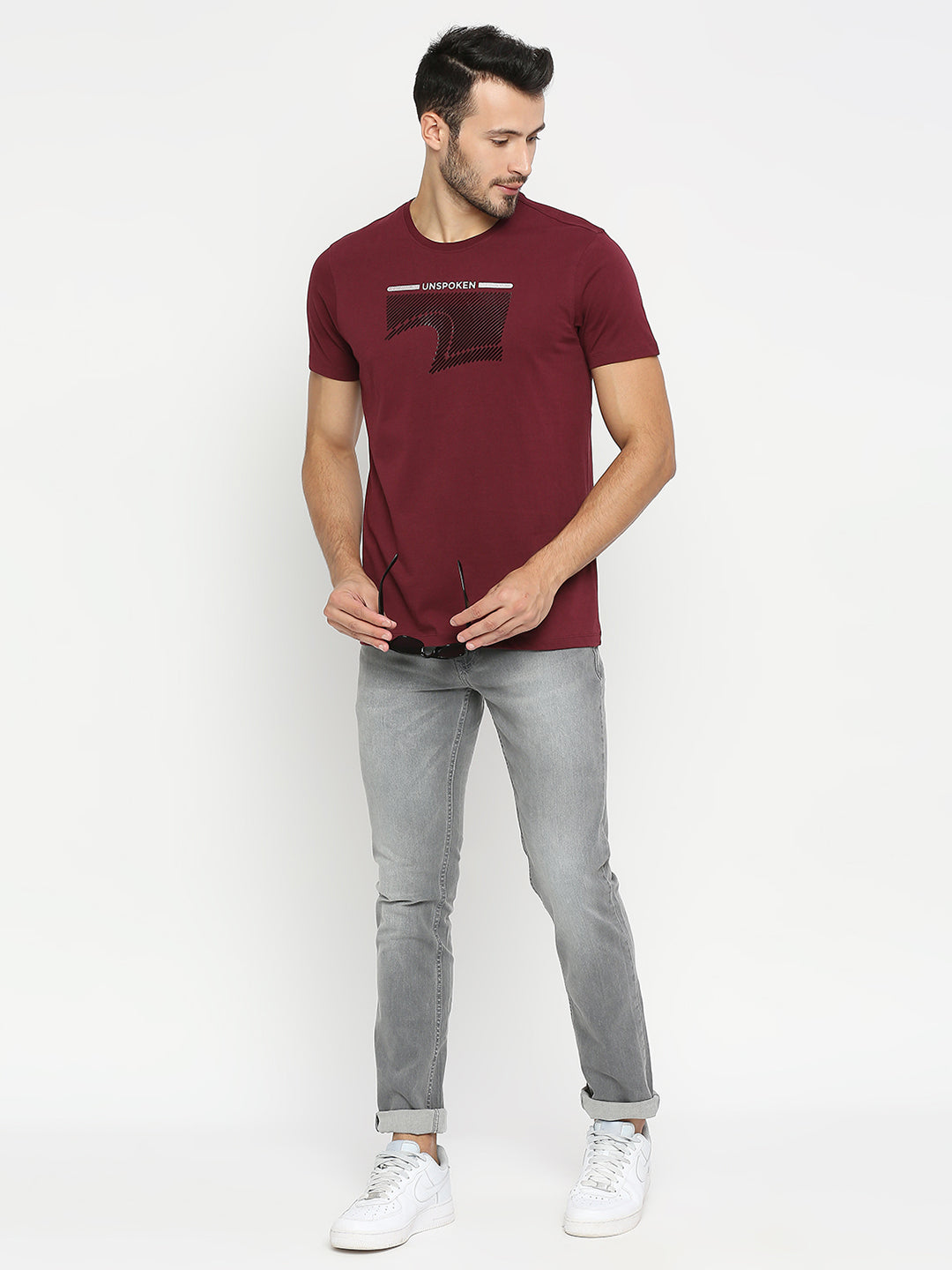 Spykar Wine Cotton Half Sleeve Printed Casual T-Shirt For Men