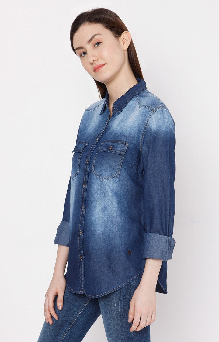 Spykar Women Dark Blue Cotton Regular Fit Denim Shirt