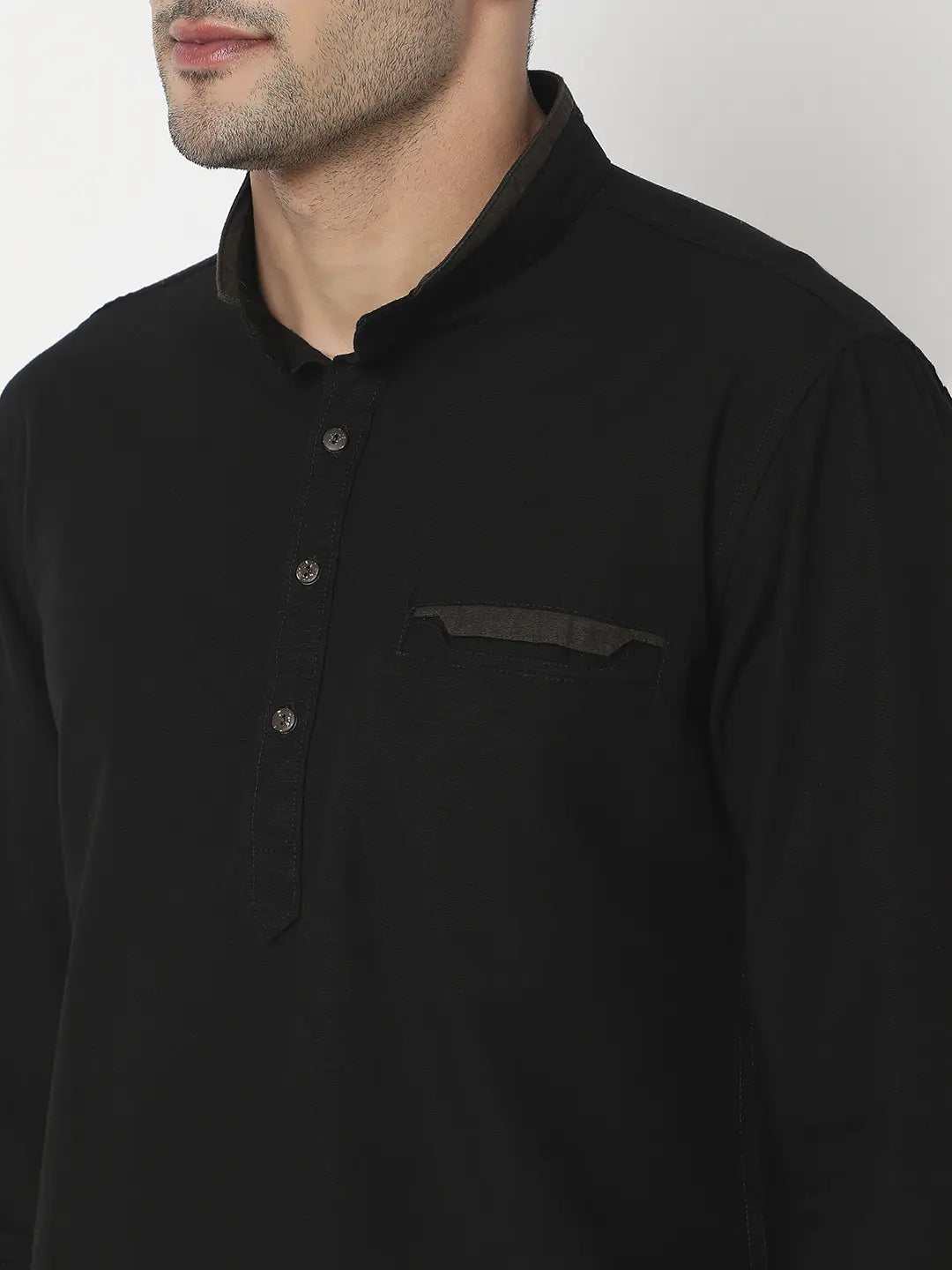 Spykar Men Black Cotton Linen Slim Fit M and arin Collar Plain Kurta