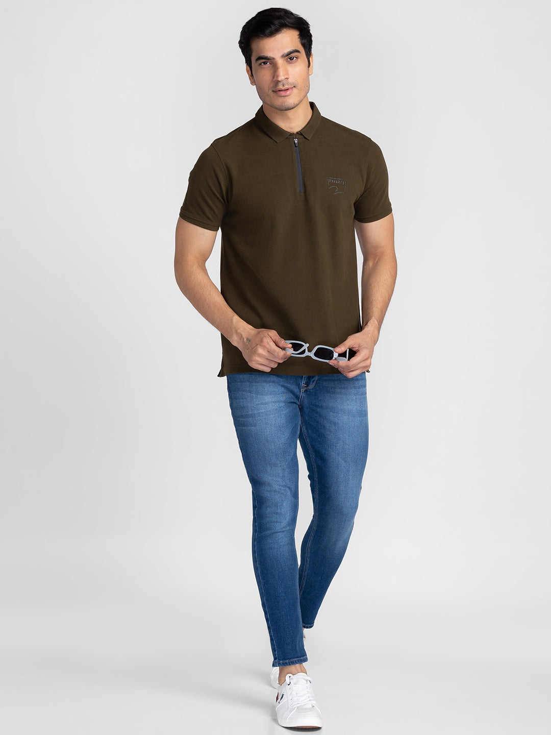 Spykar Men Olive Green Cotton Slim Fit Polo Printed T-Shirt